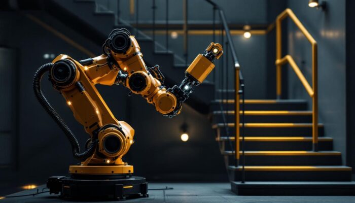 A photograph of a sleek industrial robotic arm in action