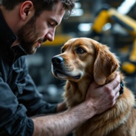 A photograph of a focused interaction between a trainer and an assistance dog