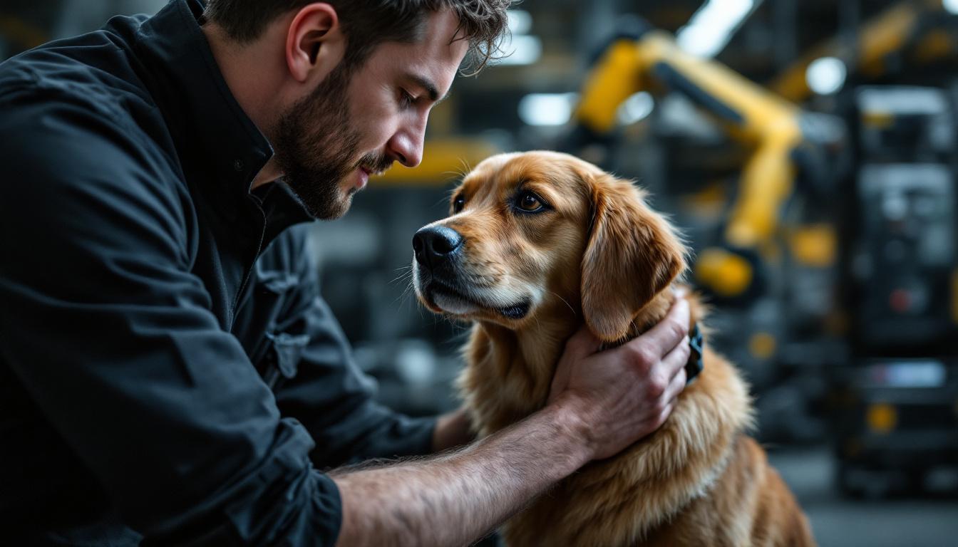 A photograph of a focused interaction between a trainer and an assistance dog