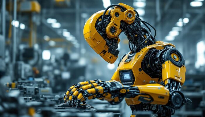 A photograph of an industrial robot in action within a manufacturing setting