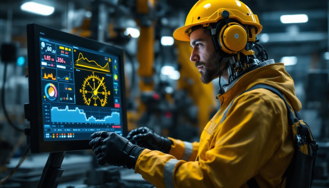 A photograph of a skilled technician programming an industrial robot in a modern manufacturing setting