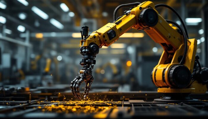 A photograph of a sleek industrial robotic arm in action