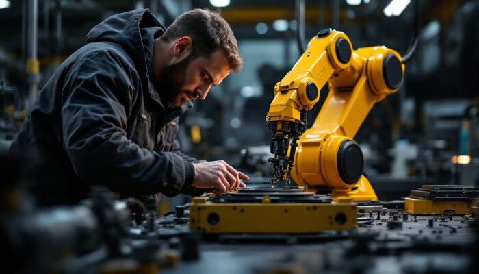 A photograph of a skilled artisan or engineer working on the assembly of a walking cane using industrial robotic technology