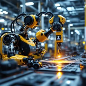 A photograph of a modern industrial robot in action at an automotive facility