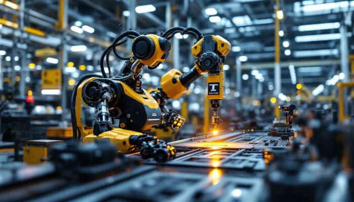 A photograph of a modern industrial robot in action at an automotive facility