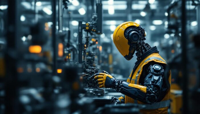 A photograph of a skilled technician working on an industrial robot in a modern manufacturing environment
