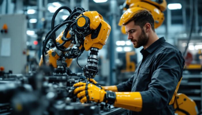 A photograph of a skilled technician operating an industrial robot in a modern boston manufacturing facility