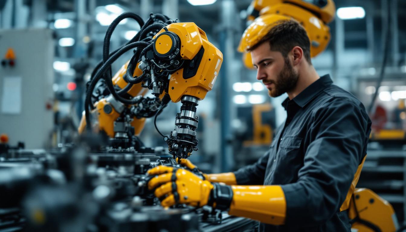 A photograph of a skilled technician operating an industrial robot in a modern boston manufacturing facility