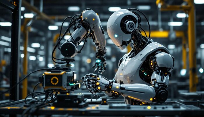 A photograph of a sleek industrial robot in action