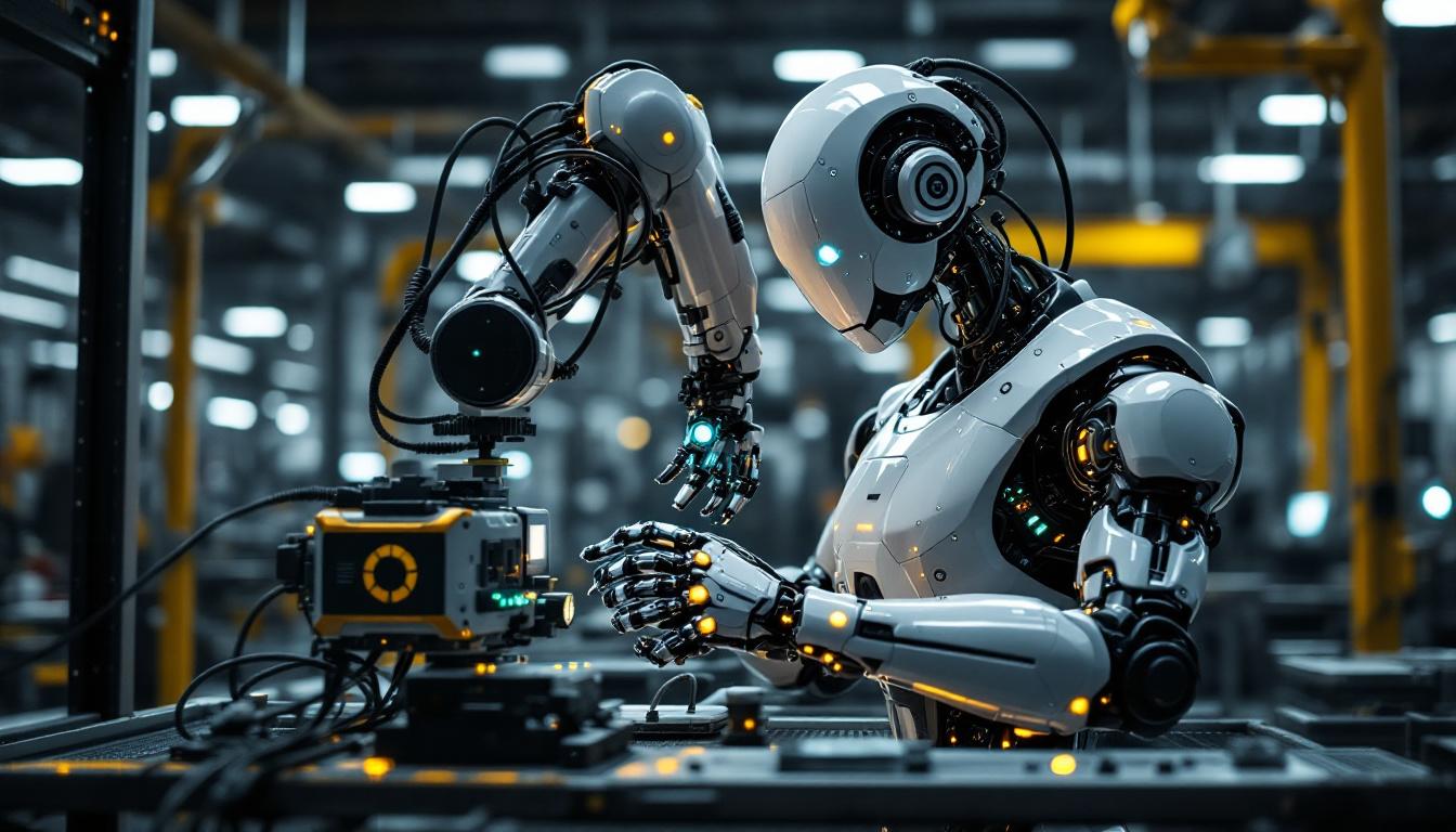 A photograph of a sleek industrial robot in action