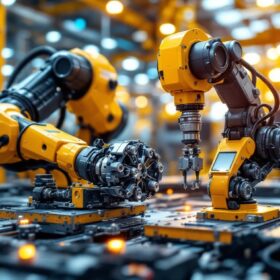 A photograph of a modern industrial robot in action