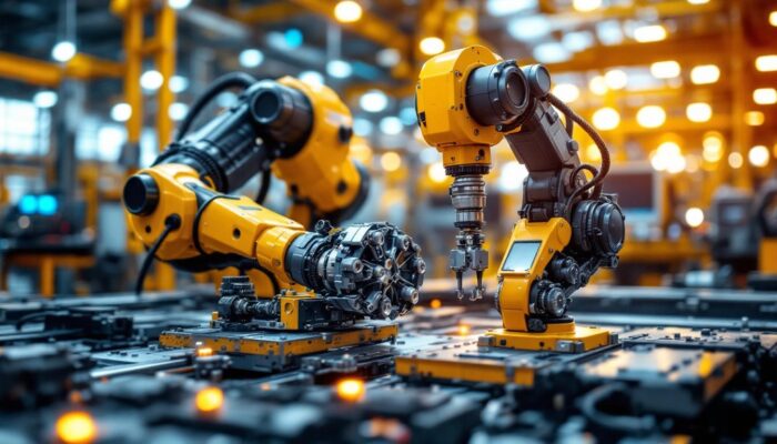 A photograph of a modern industrial robot in action