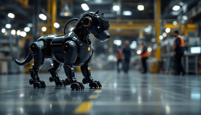 A photograph of a sleek industrial robotic dog in an automated warehouse setting