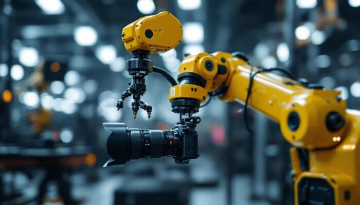A photograph of a high-tech industrial robotic arm in action