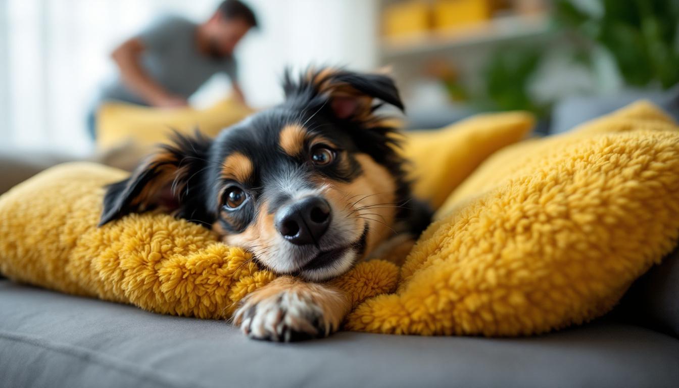 A photograph of a playful dog happily settling into a cozy spot on a couch or chair