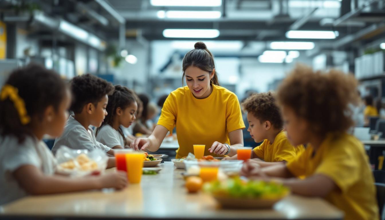 A photograph of a busy school cafeteria scene featuring students enjoying their lunch