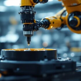 A photograph of a sleek industrial robot in action