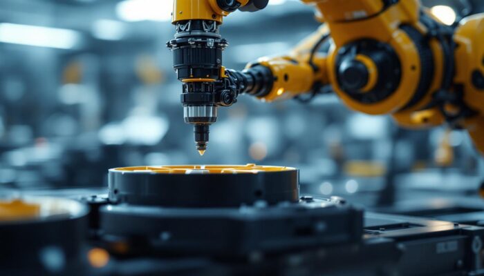 A photograph of a sleek industrial robot in action
