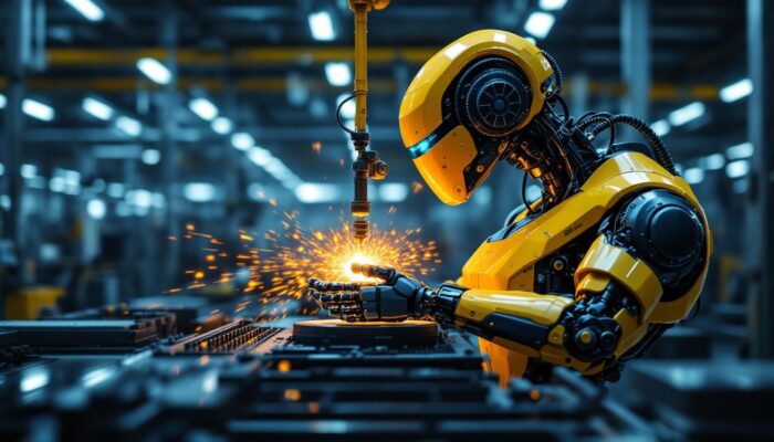 A photograph of a sleek industrial robot in action