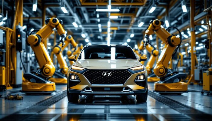 A photograph of a hyundai vehicle in a modern factory setting