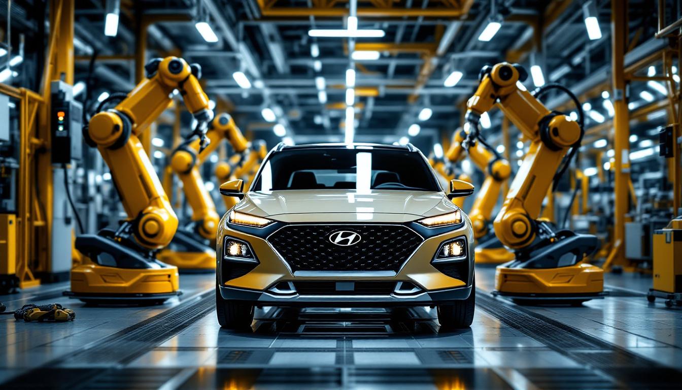 A photograph of a hyundai vehicle in a modern factory setting