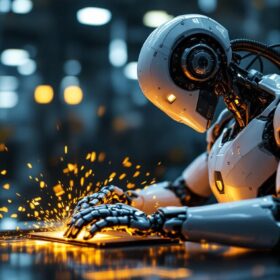 A photograph of a sleek industrial robot in action