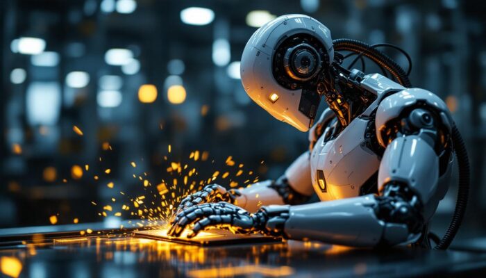 A photograph of a sleek industrial robot in action