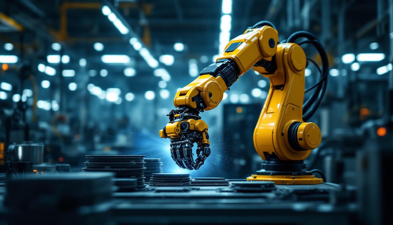 A photograph of a sleek industrial robotic arm in action