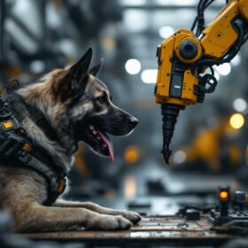 A photograph of a military dog in action alongside an industrial robotic arm