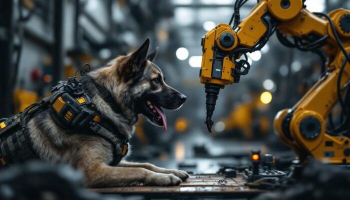 A photograph of a military dog in action alongside an industrial robotic arm