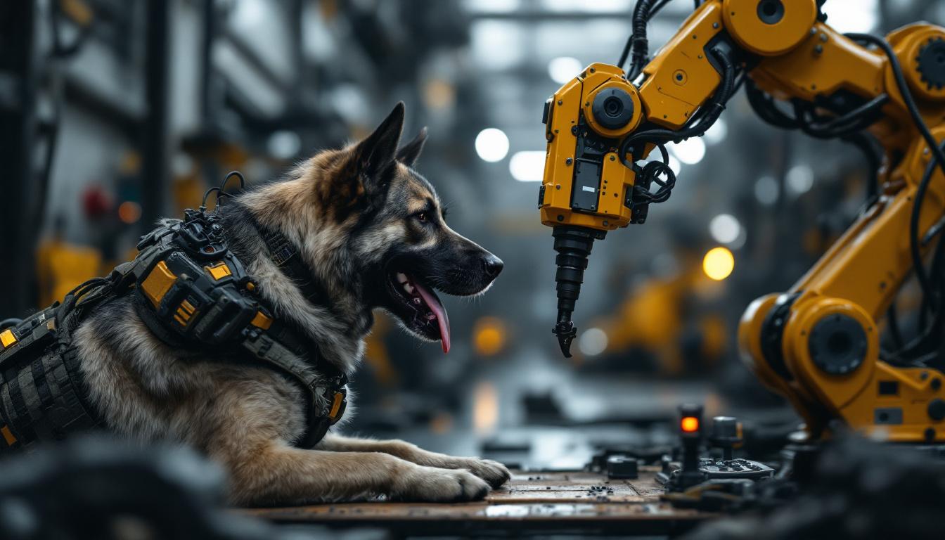 A photograph of a military dog in action alongside an industrial robotic arm
