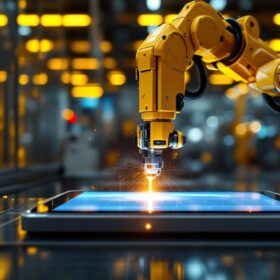 A photograph of a high-tech industrial robotic arm operating a laser tablet in a manufacturing environment