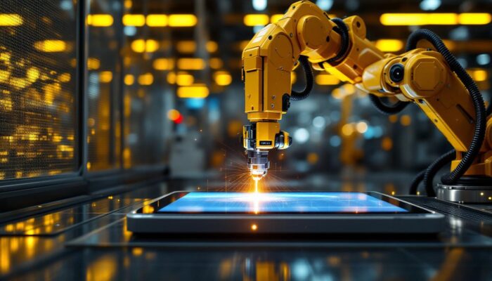 A photograph of a high-tech industrial robotic arm operating a laser tablet in a manufacturing environment