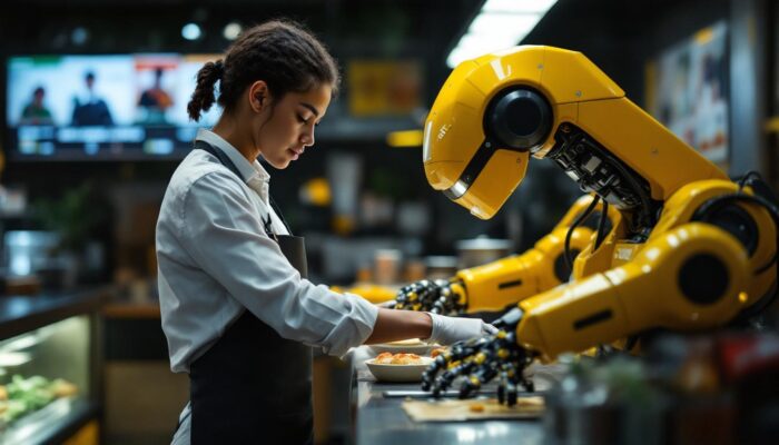 A photograph of a young employee at a subway restaurant interacting with a robotic food preparation machine