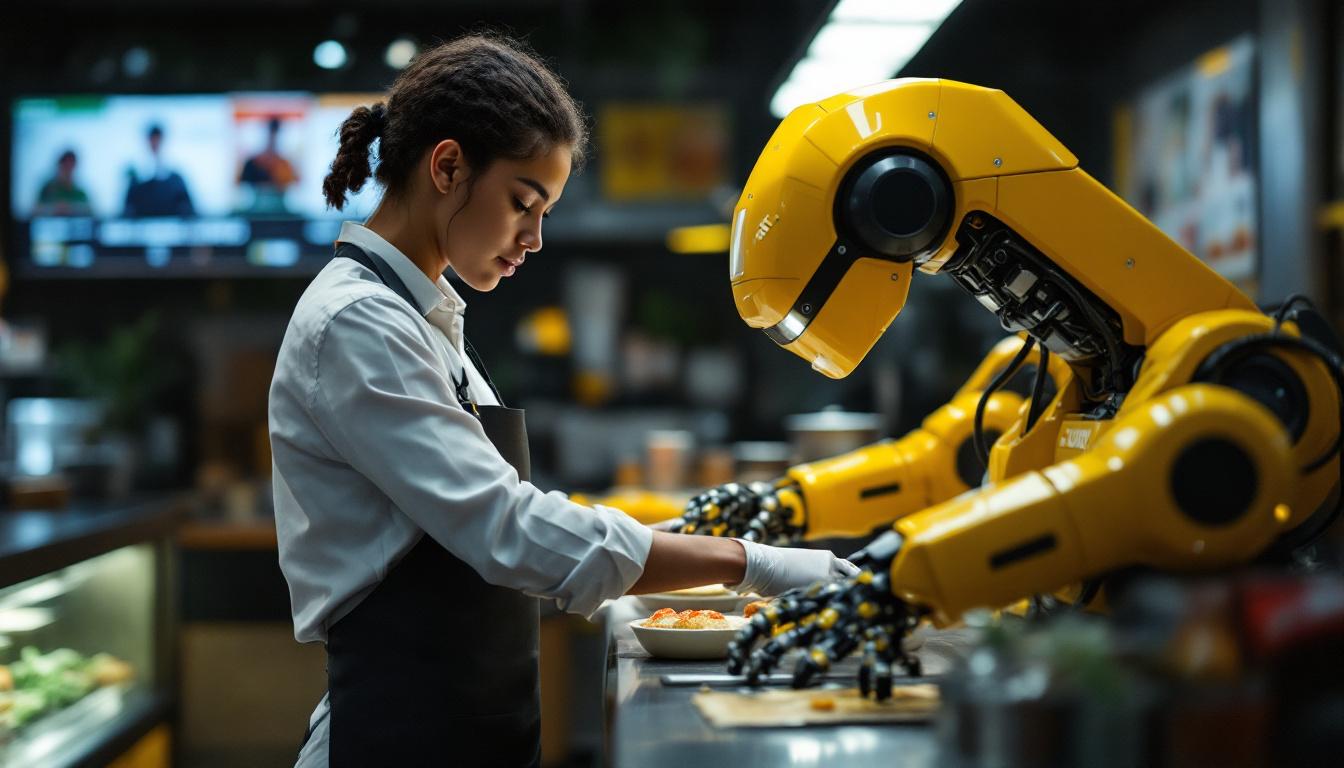 A photograph of a young employee at a subway restaurant interacting with a robotic food preparation machine