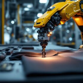 A photograph of a sleek industrial robotic arm in action