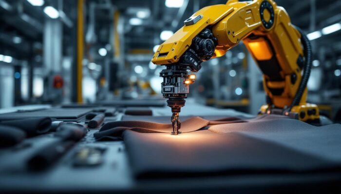 A photograph of a sleek industrial robotic arm in action