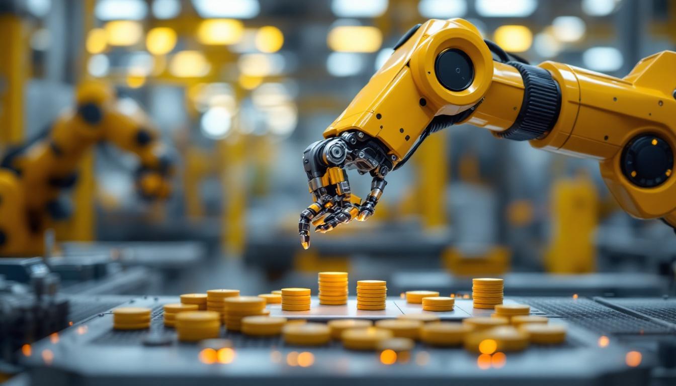 A photograph of a sleek industrial robotic arm delicately manipulating a set of mini weights in a high-tech manufacturing environment