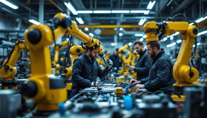 A photograph of a dynamic industrial robotics workspace in boston