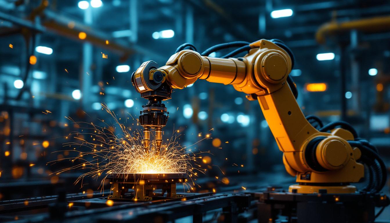 A photograph of a dynamic industrial robotic arm in action