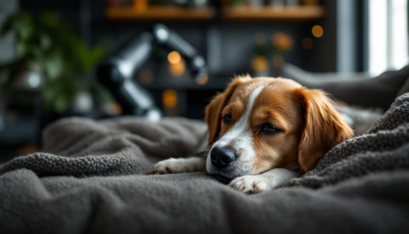 A photograph of a small dog comfortably resting in a cozy indoor setting
