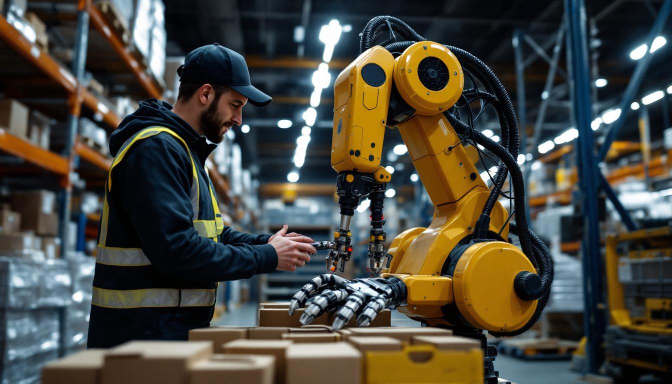 A photograph of a spark delivery driver interacting with an industrial robot in a dynamic warehouse environment