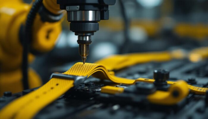 A photograph of a close-up of a stretch watch band being assembled by an industrial robot