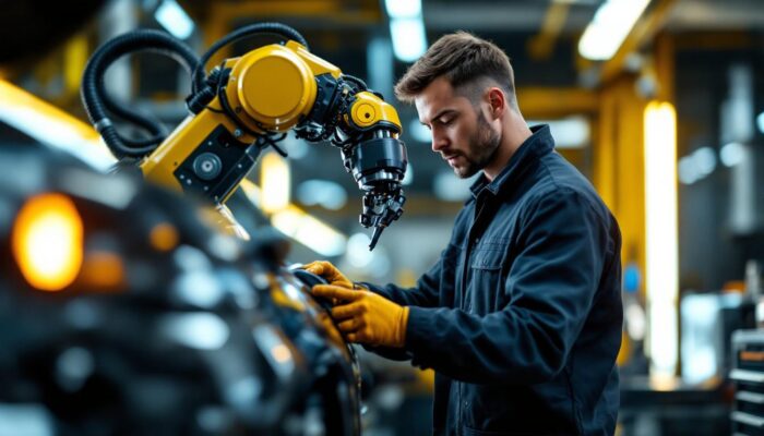 A photograph of a skilled technician performing a detailed inspection of a car using advanced industrial robotic equipment in a well-lit garage setting