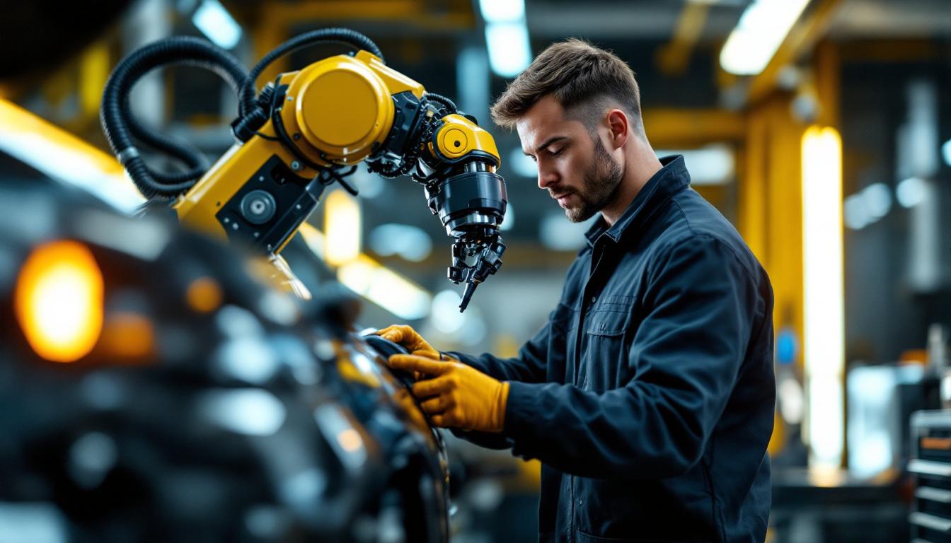 A photograph of a skilled technician performing a detailed inspection of a car using advanced industrial robotic equipment in a well-lit garage setting