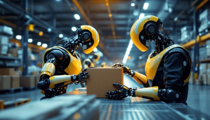 A photograph of a dynamic industrial setting showcasing advanced robotic systems in action