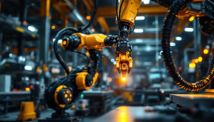 A photograph of a dynamic industrial setting where a robotic arm is actively engaged in a remote sensing application