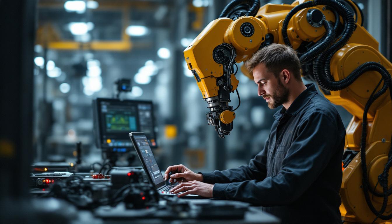 A photograph of a skilled technician programming or operating an industrial robot in a modern manufacturing environment