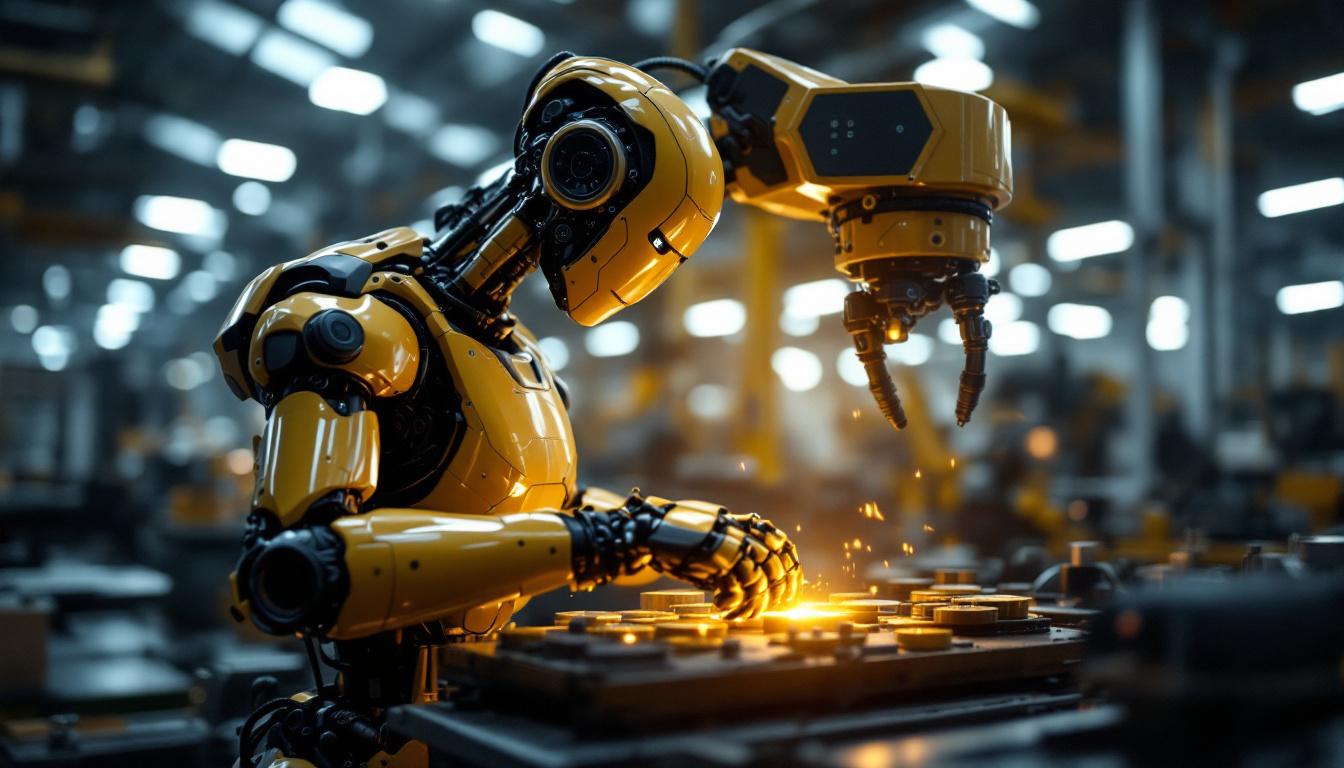 A photograph of a sleek industrial robot in action within a manufacturing environment