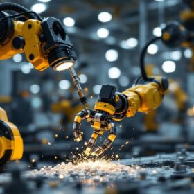 A photograph of a dynamic industrial robotic arm in action